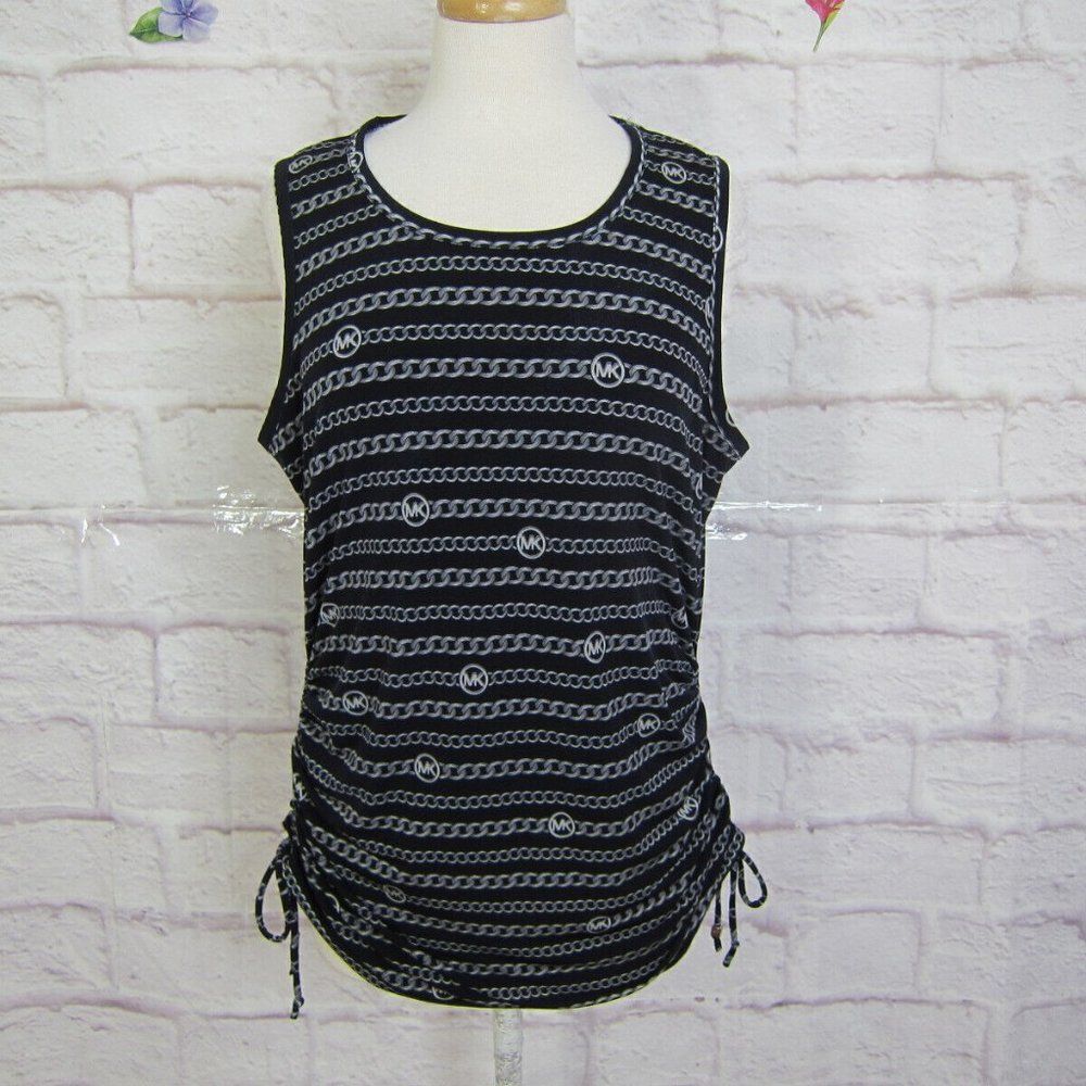 MICHAEL KORS Black Chain MK Logo Print Sleeveless Blouse Ruched Sides size L